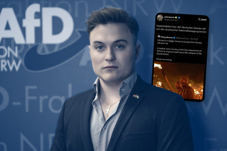 Man sieht den AfD-Politiker Tim Schramm, daneben schwebt ein Handy in der Luft auf dem ein Post über das Asow-Battailon zu sehen ist