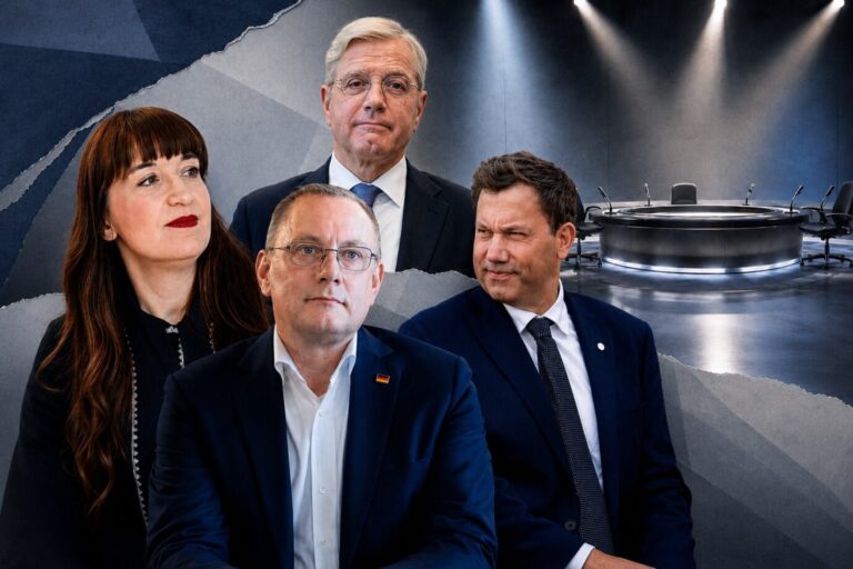 Heidi Reichinnek, Tino Chrupalla, Norbert Röttgen und Lars Klingbeil (v.l.n.r.): Berlins Spitzenpolitiker kämpfen um die Talkshow-Plätze. Foto: JF