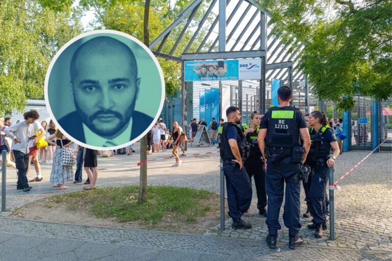 Polizisten bewachen ein Freibad in Berlin-Neukölln: Ausländer sind bei Straftaten dort überrepräsentiert. Foto: picture alliance / SULUPRESS.DE | Vladimir Menck/SULUPRESS.DE
