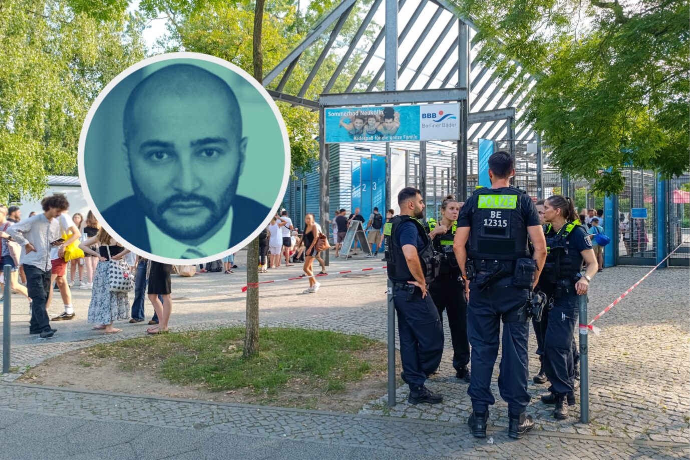 Polizisten bewachen ein Freibad in Berlin-Neukölln: Ausländer sind bei Straftaten dort überrepräsentiert. Foto: picture alliance / SULUPRESS.DE | Vladimir Menck/SULUPRESS.DE