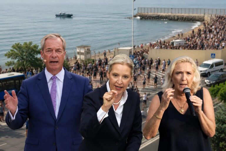 Der Vorsitzende von Reform UK, Nigel Farage, AfD-Chefin Alice Weidel und RN-Chefin Marine Le Pen gestikulieren und schauen entschlossen, im Hintergrund ist die Szenerie in Ceuta zu sehen