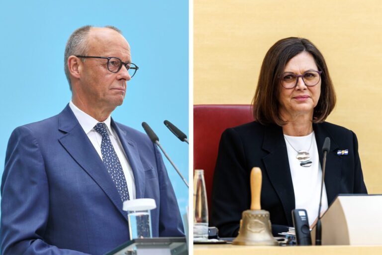 Bundeskanzler Friedrich Merz (CDU) und Präsidentin des Bayerischen Landtages Ilse Aigner (CSU): Über die Nachfolge von Frank-Walter Steinmeier will Merz eigentlich erst nach den Landtagswahlen sprechen. Fotos: picture alliance / dts-Agentur | dts Nachrichtenagentur GmbH /// picture alliance / dpa | Matthias Balk