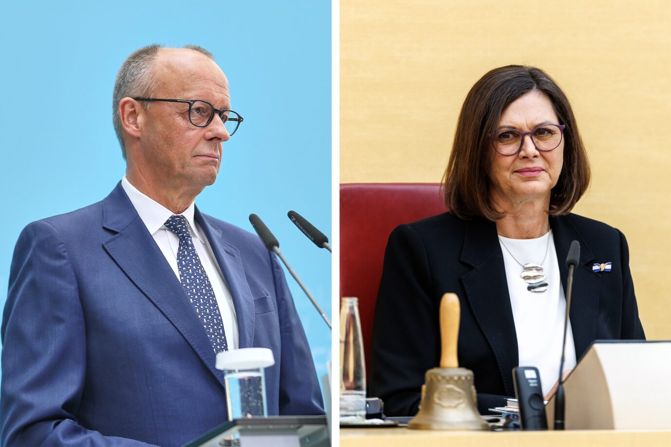Bundeskanzler Friedrich Merz (CDU) und Präsidentin des Bayerischen Landtages Ilse Aigner (CSU): Über die Nachfolge von Frank-Walter Steinmeier will Merz eigentlich erst nach den Landtagswahlen sprechen. Fotos: picture alliance / dts-Agentur | dts Nachrichtenagentur GmbH /// picture alliance / dpa | Matthias Balk