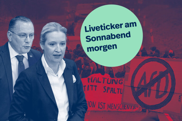 Das Bild zeigt die AfD-Chefs Alice Weidel und Tino Chrupalla, sowie linksradikale Gegendemonstranten. In Erfurt wird es laut.
