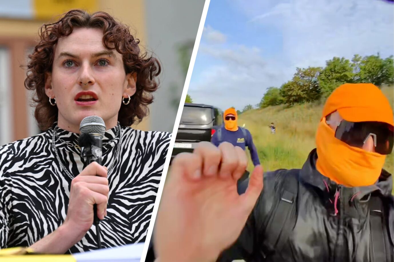 „Widersetzen“-Sprecher Noa Sanders und ein Linksextremist, der die JF angreift: Der Sprecher beantwortet nicht, ob das Bündnis körperliche Angriffe auf Journalisten ablehnt. Fotos: picture alliance/dpa | Martin Schutt /// JF