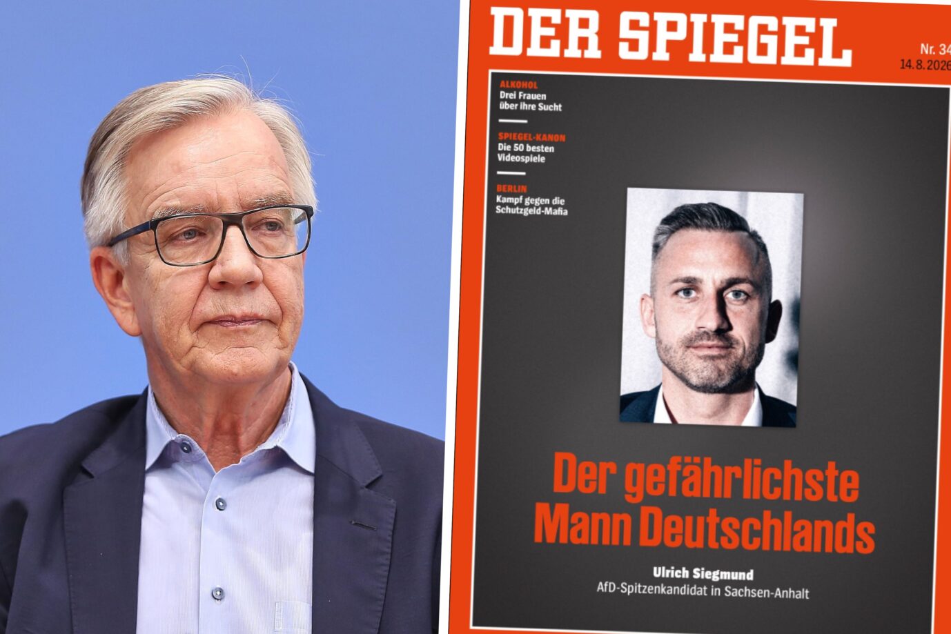 Das Bild zeigt Dietmar Barsch von der Linkspartei und das aktuelle Spiegel-Cover.
