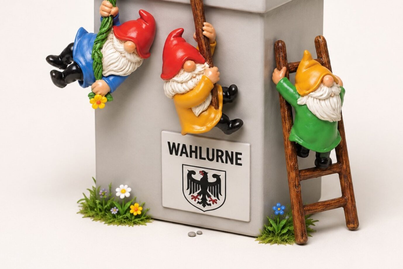 Das Bild ist ein Symbolbild für den Wahlkampf der Kleinparteien in Sachsen-Anhalt. Darauf ist folgendes zu sehen: Gartenzwerge klettern eine Wahlurne hoch.