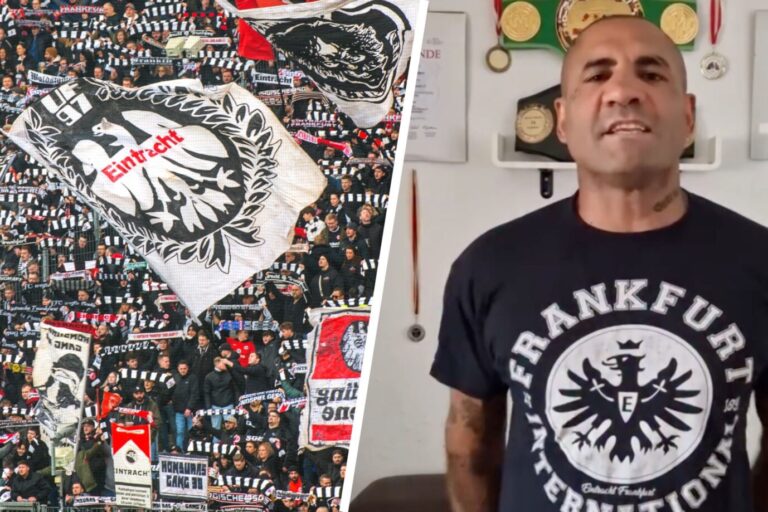 Frankfurt 25. Februar 2024, Fußball: Bundesliga, Eintracht Frankfurt - VfL Wolfsburg, 23. Spieltag, Die Frankfurter Fans in der Nordwest Kurve im Waldstadion / Deutsche Bank Park. Der SGE-Fan Thomas Klempert darf wegen seiner AfD-Sympathien keine Würstchen mehr am Stadion verkaufen und vergleicht die Situation mit der in Nordkorea.