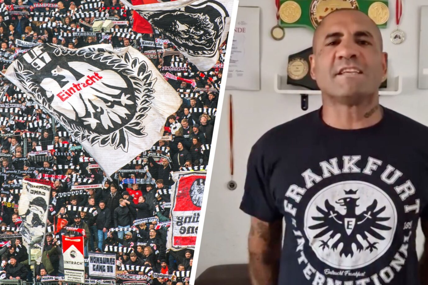 Frankfurt 25. Februar 2024, Fußball: Bundesliga, Eintracht Frankfurt - VfL Wolfsburg, 23. Spieltag, Die Frankfurter Fans in der Nordwest Kurve im Waldstadion / Deutsche Bank Park. Der SGE-Fan Thomas Klempert darf wegen seiner AfD-Sympathien keine Würstchen mehr am Stadion verkaufen und vergleicht die Situation mit der in Nordkorea.