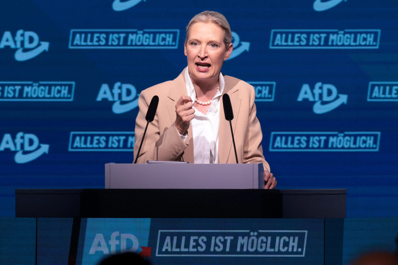 Alternative for Germany (AfD) party co-leader Alice Weidel attends the party's campaign kick-off event ahead of the Saxony-Anhalt state election, in Magdeburg, Germany, July 18, 2026. REUTERS/Christian Mang. AfD-Chefin Alice Weidel: Die schwarz-rote Koalition baut laut ihr die staatliche Finanzierung politisch einflussreicher NGOs weiter aus. Foto: picture alliance / REUTERS | Christian Mang