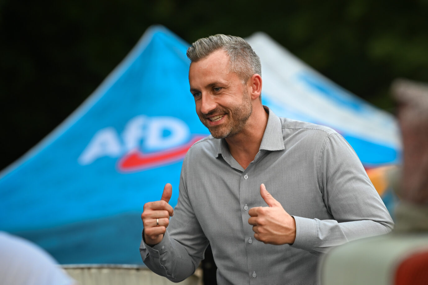 AfD-Spitzenkandidat Ulrich Siegmund reagiert während einer Kundgebung im Volkspark in Gröbzig.