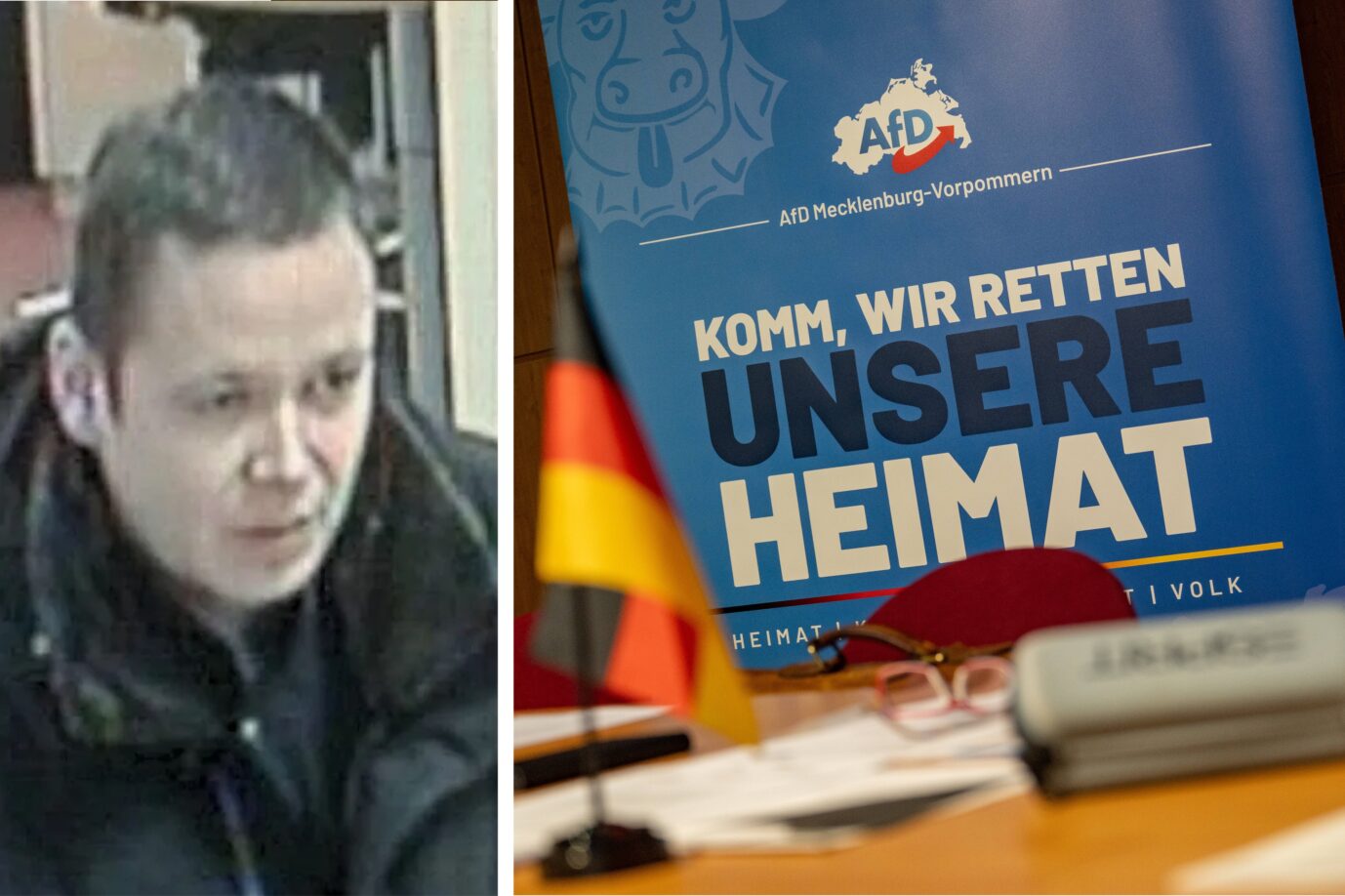 AfD-Direktkandidat Sascha Gläser während seines Bankraubs und der Blick auf die Bühne vor Beginn des Landesparteitags in Mecklenburg-Vorpommern. Fotos: Polizei /// IMAGO / Chris Emil Janßen
