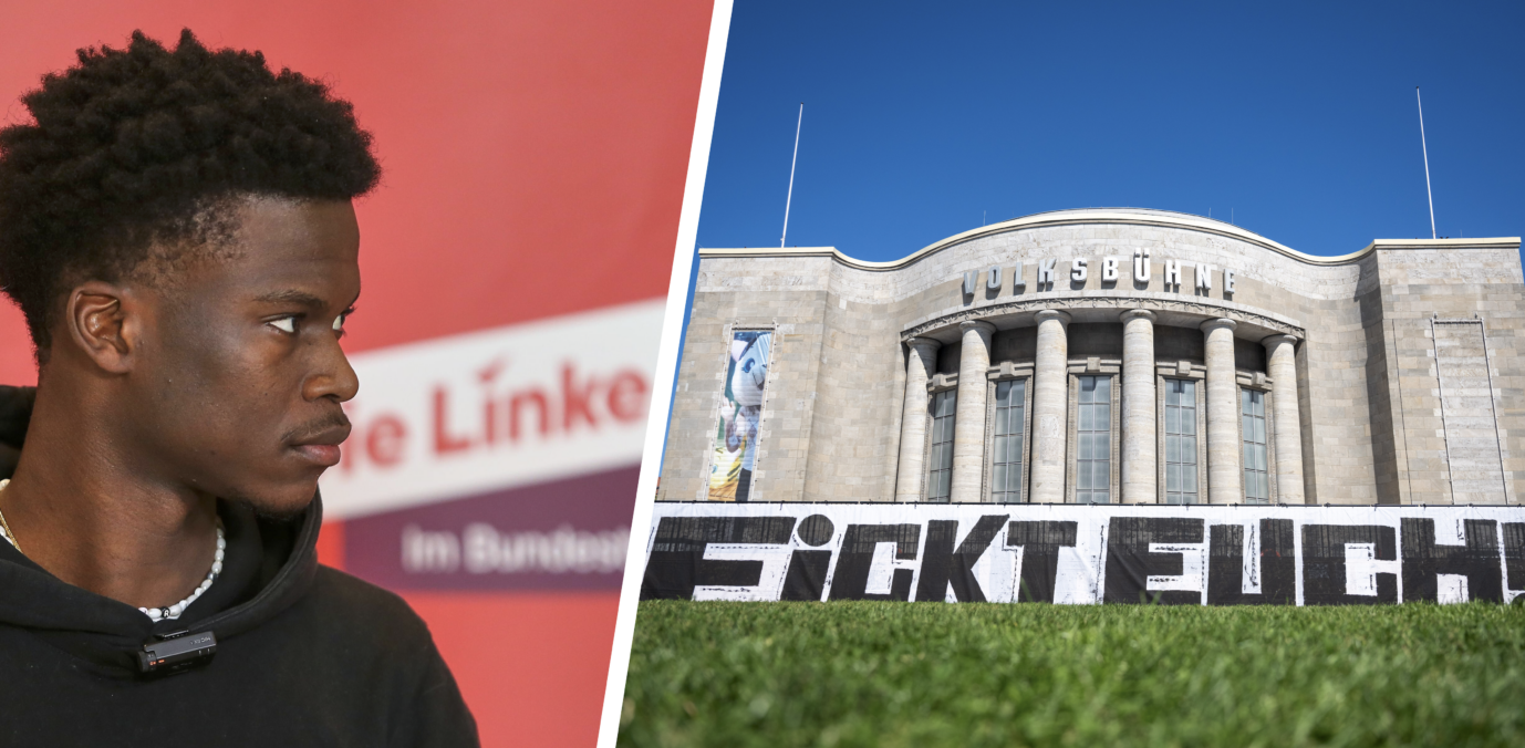 Suraj Mailitafi und die Berliner Volksbühne. Der „Widersetzen“- Sprecher will Spenden für den Veranstalter.
