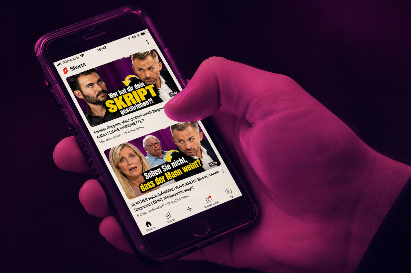 Knallige Titel, kaum Inhalt: Viele rechte YouTube-Kanäle setzen auf Clickbait. Foto: picture alliance/dpa | Sebastian Gollnow /// Screenshot (mit KI bearbeitet)