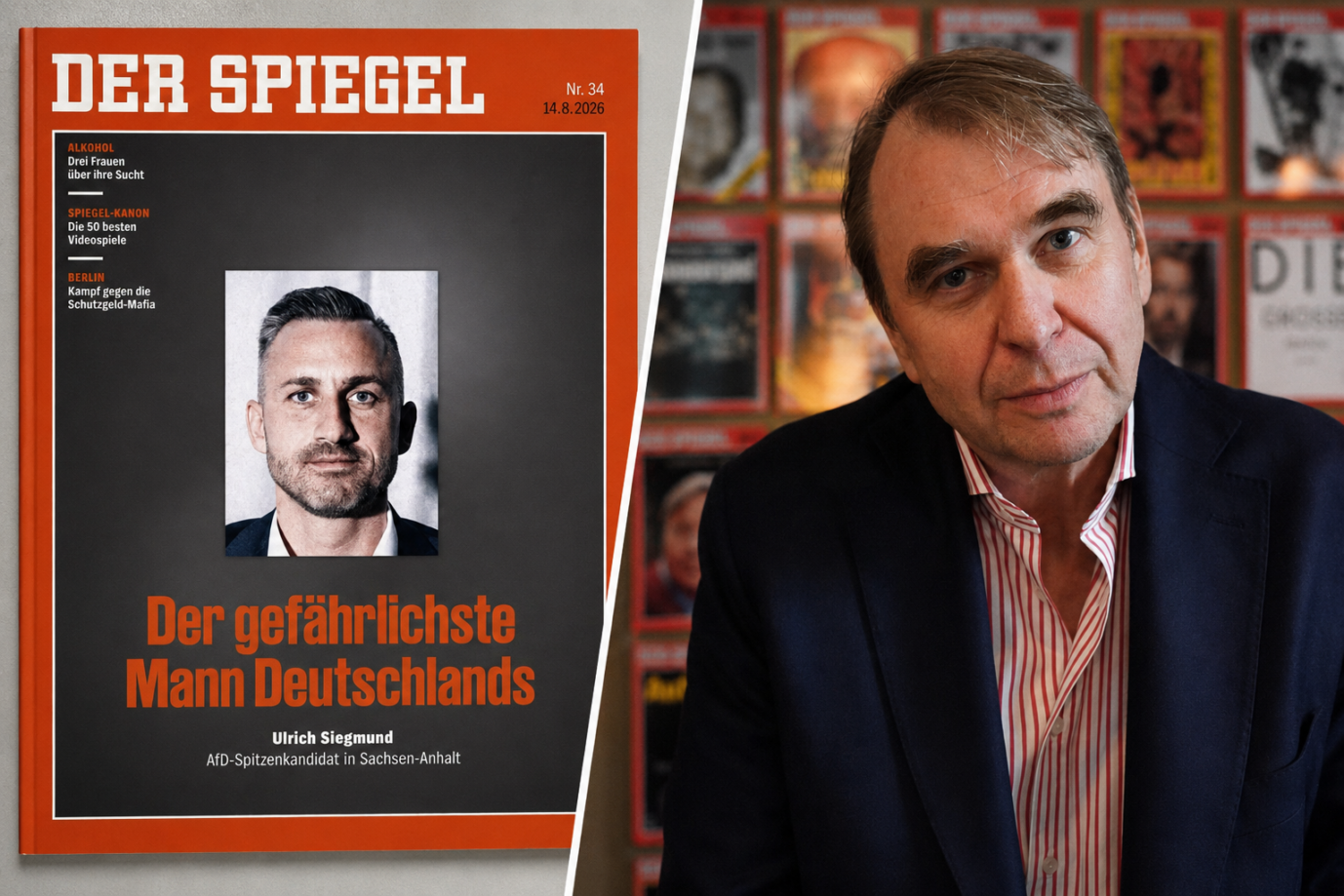 Links Ulrich Siegmund (AfD) am Cover, rechts Spiegel-Chefredakteur Dirk Kurbjuweit. Foto (2): Screenshot / picture alliance/dpa | Marcus Brandt