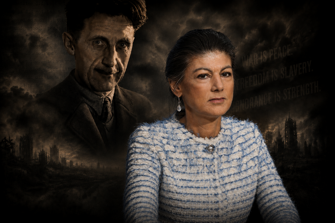 Bedrohung aus dem Hintergrund: Sahra Wagenknecht und George Orwell, Autor von „Farm der Tiere“.