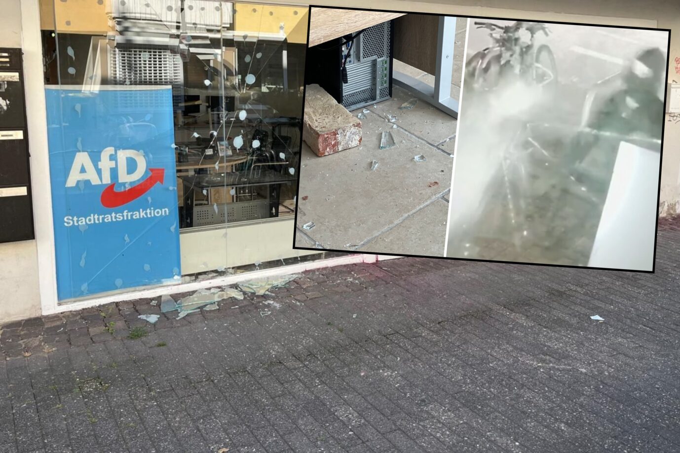 Büro der AfD Hildesheim: Zerstörte Fenster sind das Ergebnis des Backstein-Angriffs durch die Antifa.