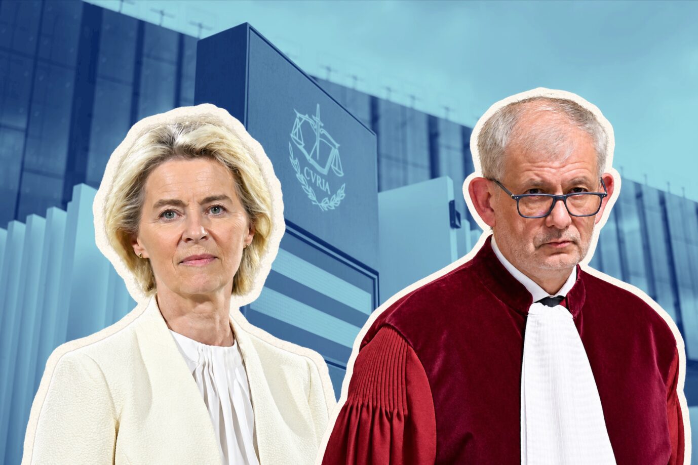 EU-Kommissionspräsidentin von der Leyen (CDU) und der Vizepräsident des Europäischen Gerichtshofs, Thomas von Danwitz: Vorantreiber der Entmachtung. Bild: JF/mit KI bearbeitet, verwendete Bilder: picture alliance / U. Hufnagel /// picture alliance / Hans Lucas /// picture alliance/dpa | Daniel Karmann
