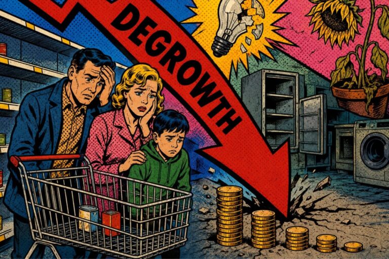 Das Bild ist KI-generiert und zeigt eine Familie, die darunter leidet, dass es kein wirtschaftliches Wachstum mehr gibt.