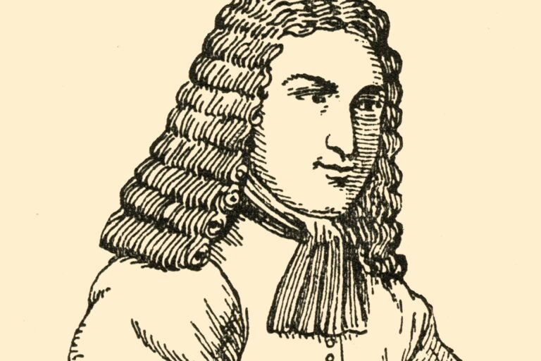 „Hans Jakob Christoffel von Grimmelshausen“ (1933). Porträt des deutschen Schriftstellers Hans Jakob Christoffel von Grimmelshausen (ca. 1621–1676), der vor allem für seinen Schelmenroman „Simplicius Simplicissimus“ bekannt ist. Aus „Gestalten der Weltgeschichte“, einem Buch mit Porträtminiaturen im Zigarettenkartenformat von Persönlichkeiten der Weltgeschichte aus den letzten vierhundert Jahren. [Deutschland, 1933] (The Print Collector / Heritage-Images)