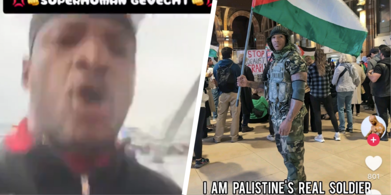 Man sieht einen Migranten wütend in eine Kamera schauen, auf dem Bild daneben hält er eine Palästina-Fahne, er hat Leute in Amsterdam abgestochen