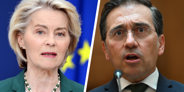 EU-Kommissionspräsidentin Ursula von der Leyen (CDU) und Spaniens Außenminister José Albares: setzen jetzt mehr auf „Faktenchecker“. Fotos: picture alliance / Anadolu | Dursun Aydemir /// picture alliance / PA Images | Leon Neal