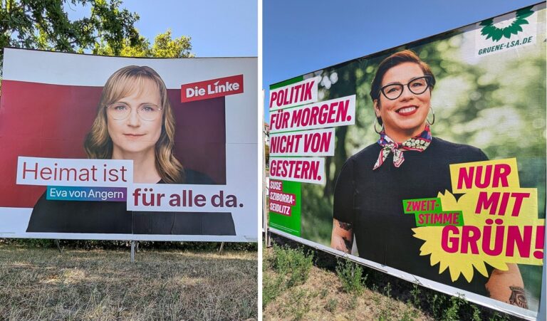 Mit großen Plakaten gegen die AfD: Linke und Grüne in Sachsen-Anhalt.