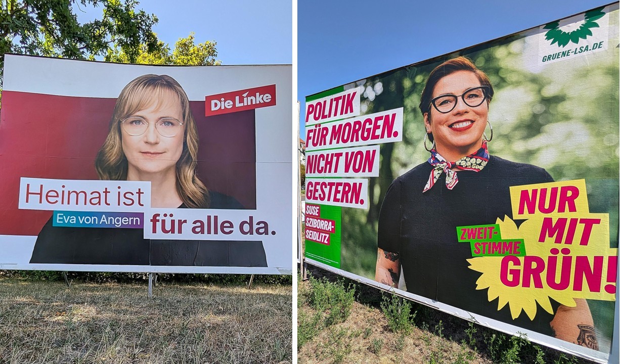 Mit großen Plakaten gegen die AfD: Linke und Grüne in Sachsen-Anhalt.