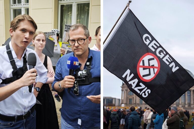 Von Campacts Werbeboykott-Aufruf betroffen: Die Chefs von Apollo-News, Max Mannhart, und Nius, Julian Reichelt. Die Fahne wurde auf einer Campact-Demo gezeigt.