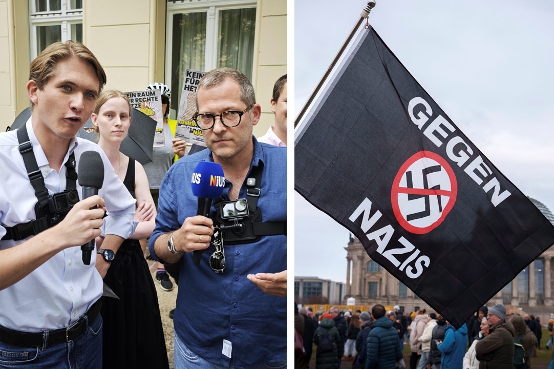Von Campacts Werbeboykott-Aufruf betroffen: Die Chefs von Apollo-News, Max Mannhart, und Nius, Julian Reichelt. Die Fahne wurde auf einer Campact-Demo gezeigt.