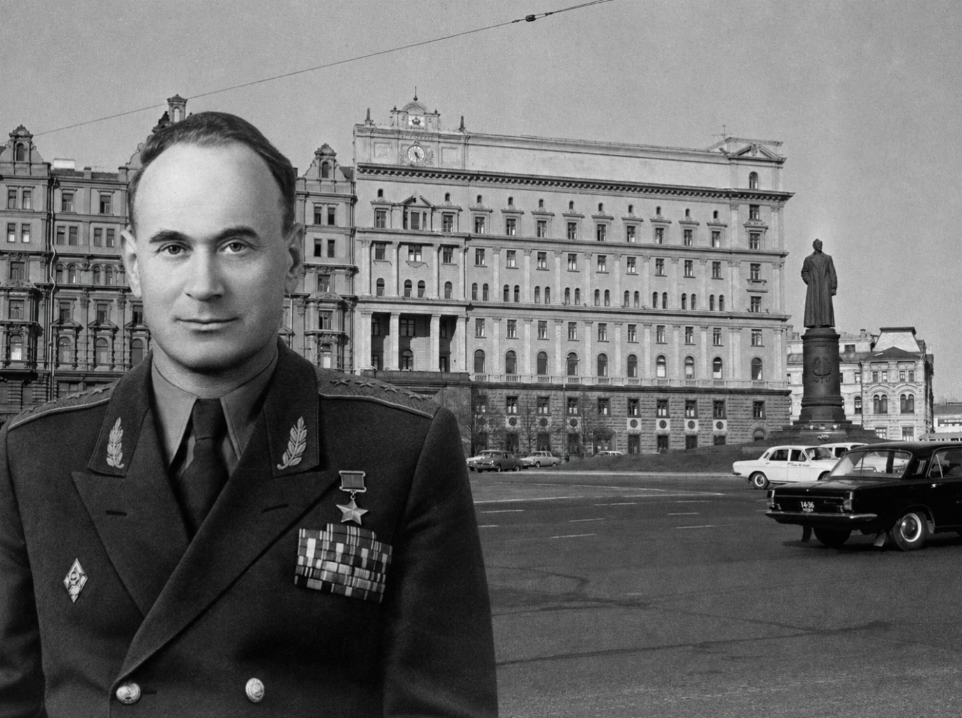 KGB-Chef Iwan Alexandrowitsch Serow vor der Lubjanka, der KGB-Zentrale in Moskau.