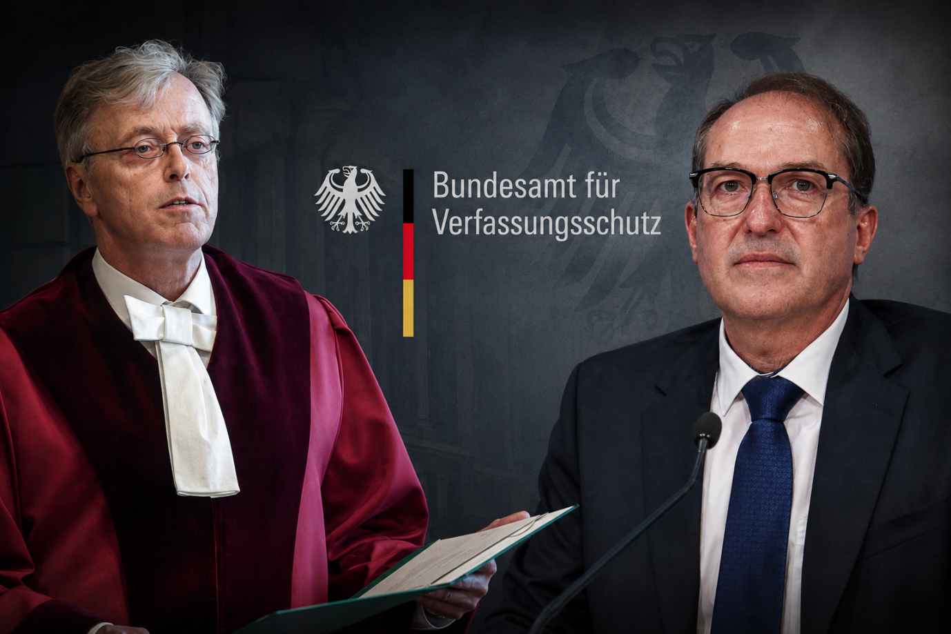 Ingo Kraft, Richter am Bundesverwaltungsgericht, und Bundesinnenminister Alexander Dobrindt, dazwischen das Logo des Bundesamts für Verfassungsschutz