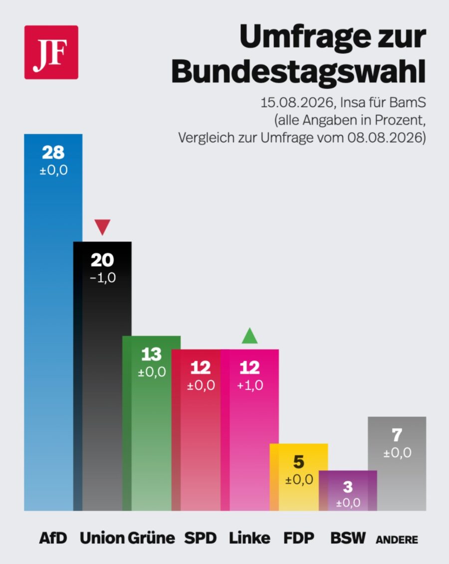 Die Grafik zeigt die aktuelle Insa-Umfrage zur Bundestagswahl. Die Union steht schlecht da.