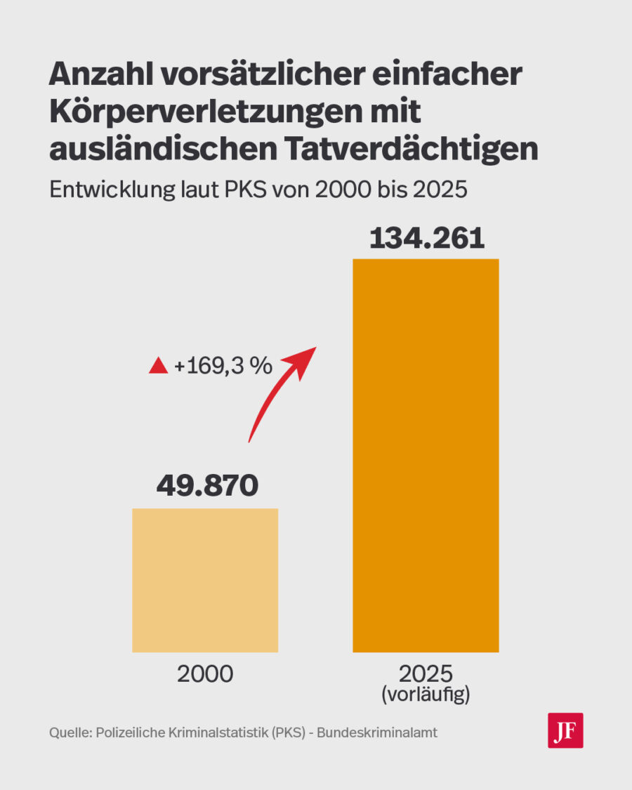 Die Grafik zeigt die Entwicklung des Ausländeranteils bei einfachen leichten Körperverletzungen in Deutschland.
