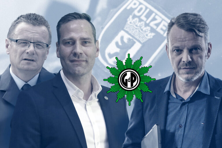 GdP-Bundesvorstandsvize Sven Hüber, GdP-Bundesvorsitzender Jochen Kopelke und AfD-Fraktionsvize in Mecklenburg-Vorpommern, Nikolaus Kramer: Die Widersprüche häufen sich.