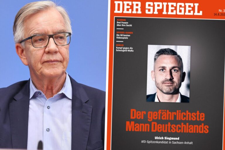 Das Bild zeigt Dietmar Bartsch von der Linkspartei und das aktuelle Cover des Spiegels, wo Ulrich Siegmund abgebildet ist. Er wird als : „Der gefährlichste Mann Deutschlands“ bezeichnet.