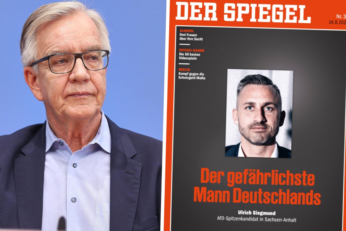 Das Bild zeigt Dietmar Bartsch von der Linkspartei und das aktuelle Cover des Spiegels, wo Ulrich Siegmund abgebildet ist. Er wird als : „Der gefährlichste Mann Deutschlands“ bezeichnet.
