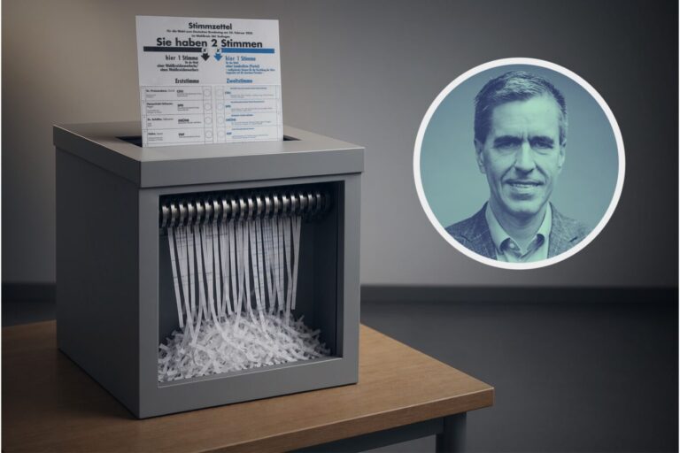 Geschredderter Wahlzettel (Symbolbild): Jede siebte Stimme blieb bei der Bundestagswahl 2025 wegen der Fünfprozenthürde unberücksichtigt. Bild: KI-generiert
