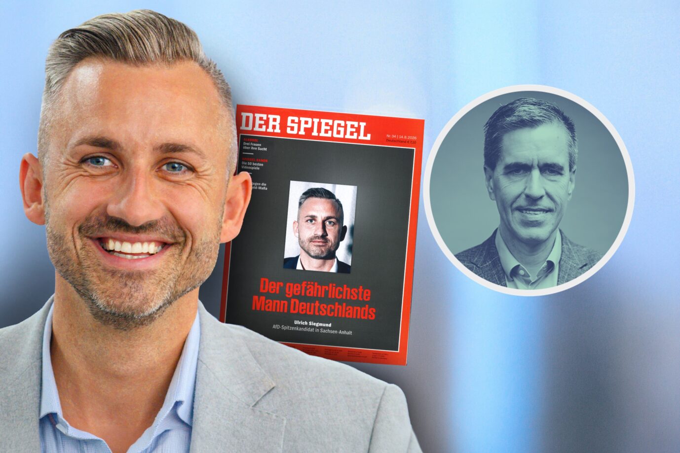 AfD-Spitzenkandidat in Sachsen-Anhalt, Ulrich Siegmund: Nimmt die Spiegel-Kampagne gelassen. Fotos: picture alliance/dpa | Klaus-Dietmar Gabbert /// Spiegel /// Adobe Stock