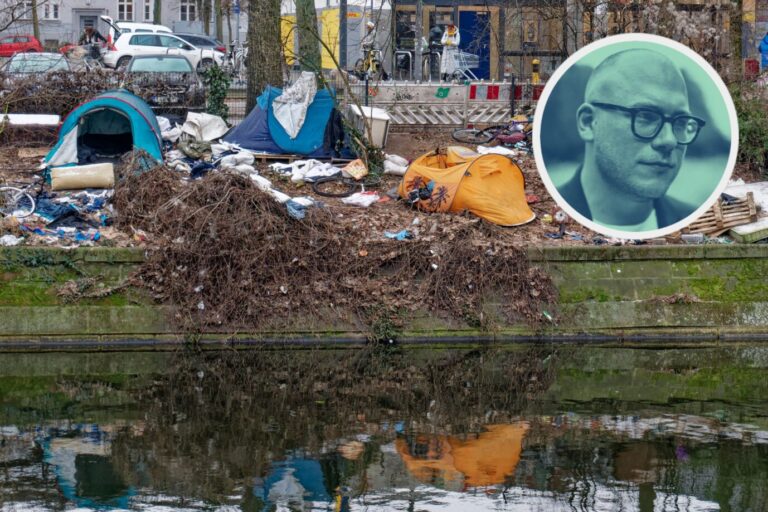 Das Bild zeigt Obdachlose am Landwehrkanal und dient als Symbolbild für Obdachlosigkeit, Armut, Wildcampen, Müll, Ghetto und Verwahrlosung in Berlin-Neukölln.