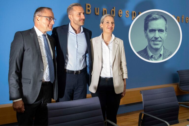 ABB/BPK- Tino Chrupalla, Bundessprecher der AfD und Co-Vorsitzender der AfD-Fraktion im Deutschen Bundestag Ulrich Siegmund, Spitzenkandidat AfD in Sachsen-Anhalt. Dr. Alice Weidel, Bundessprecherin der AfD und Co-Vorsitzende der AfD-Fraktion im Deutschen Bundestag dunkle Schatten an der Wand Statment der AfD Auswirkungen der Landtagswahl in Sachsen-Anhalt auf die Bundespolitik Vorstellung auf der BPK undespressekonferenz am 07.09.2026 in Berlin