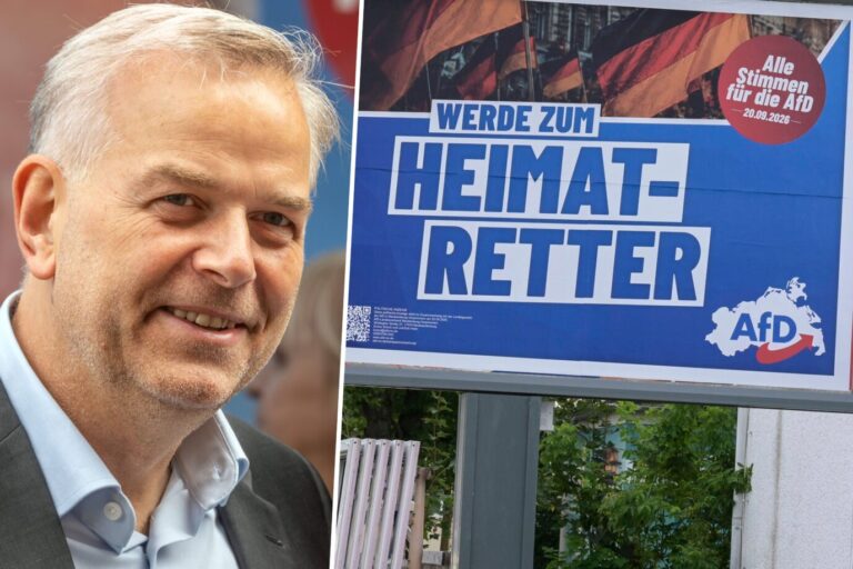 AfD-Wahlplakat in Mecklenburg-Vorpommern und Landesvorsitzender Leif-Erik Holm