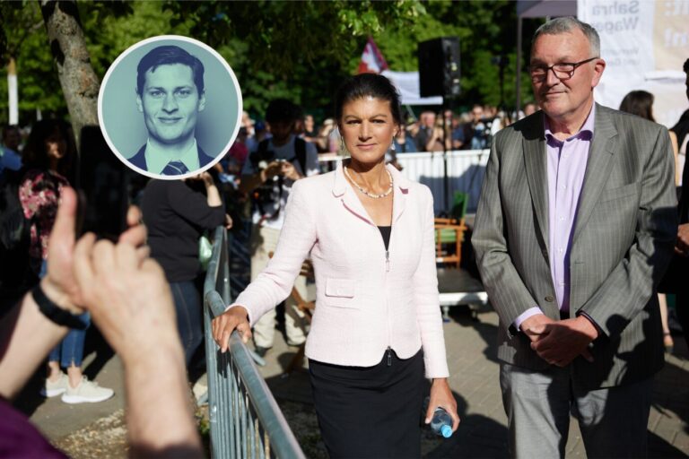 Sahra Wagenknecht (BSW) und Michael Lüders (BSW) während einer Kundgebung zur Abgeordnetenhauswahl in Berlin. Foto: picture alliance / Jörg Carstensen | Joerg Carstensen
