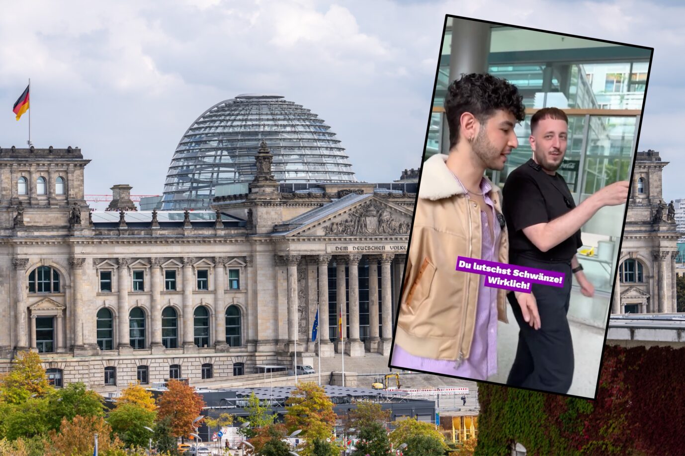 Baran Kok läuft mit dem Abgeordneten der Linkspartei, Maik Brückner, durch den Bundestag. Fotos: picture alliance/dpa | Michael Kappeler /// Screenshot JF