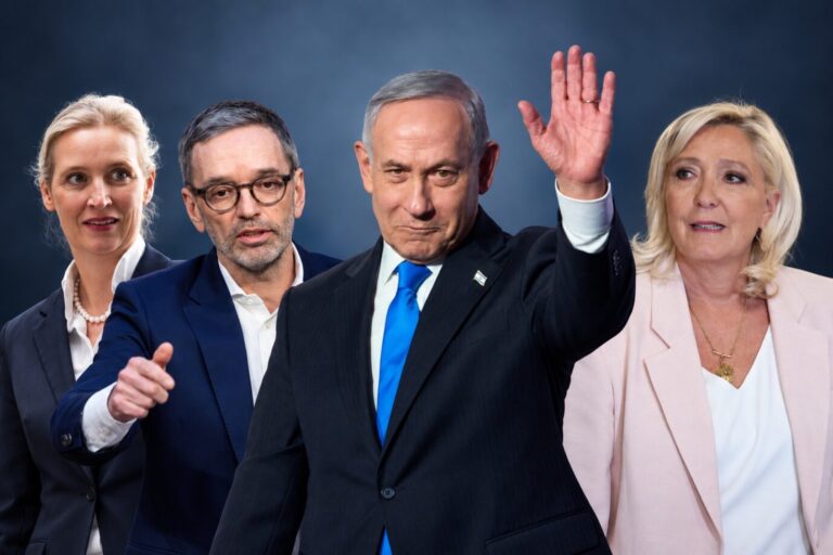 AfD-Chefin Alice Weidel, FPÖ-Chef Herbert Kickl, Israels Premier Benjamin Netanjahu und Rassemblement-National-Frontfrau Marine Le Pen