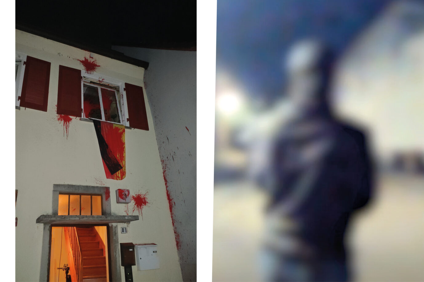 Rote Farbe am Haus des Landeschefs der AfD-Jugendorganisation in Baden-Württemberg: Die mutmaßlichen Täter sprachen von einem „antifaschistischen Hausbesuch“. Fotos: privat /// Screenshot